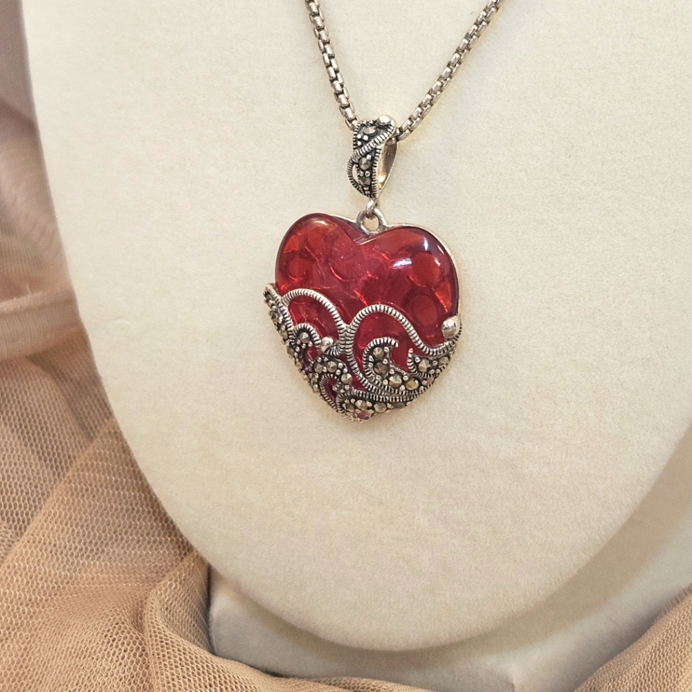 Ross Simons Vintage Sterling Silver 80s Marcasite & Red Glass Heart Pendant ONLY - Picture 4 of 8